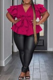 Rose Red Casual Solid Patchwork V Neck Plus Size Tops