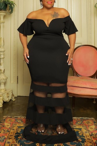 Robe de soirée noire sexy formelle en patchwork solide transparente sur l'épaule robes de grande taille