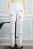 Jeans jeans branco fashion com estampa de rua rasgado patchwork cintura alta