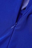 Vestido azul sexy formal sólido patchwork manga longa com decote em V vestidos plus size
