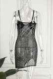 Black Sexy Solid Patchwork See-through Hot Drill Spaghetti Strap Pencil Skirt Dresses
