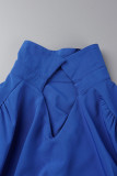 Robes Bleues Décontractées Solides Patchwork Col Rabattu Droite Grande Taille