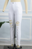 Jeans de mezclilla pitillo de cintura alta con retazos rasgados sólidos casuales blancos