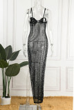Noir Sexy solide Patchwork See-through Slit Hot Drill Spaghetti Strap Sling Dress Robes