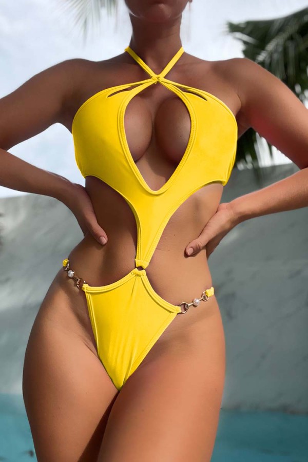 Желтый Сексуальный однотонный купальник с вырезом на спине и открытой спиной (с прокладками)