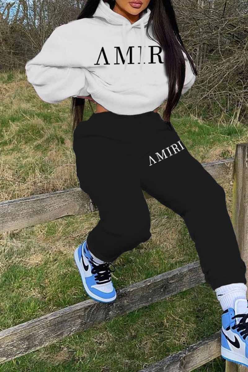 

White Casual Print Letter Hooded Collar Long Sleeve Two Pieces