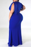 ブルー カジュアル ソリッド タッセル パッチワーク Vネック ワンステップ スカート プラスサイズ ドレス