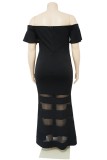 Black Sexy Formal Solid Patchwork See-through Off the Shoulder Evening Dress Plus Size Dresses