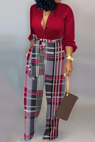Red Casual Print Patchwork Buckle With Belt Straight Jumpsuits