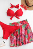 Red Sexy Print Bandage Patchwork 3 Piece Sets