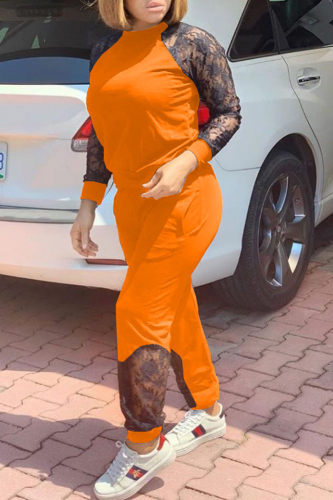Orange Casual Print Lace O Neck Long Sleeve Two Pieces