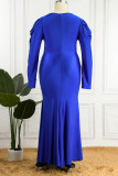 Blå sexiga formella solida lapptäcken V-hals långärmade klänningar i plusstorlek