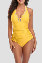 Yellow Sexy Solid Patchwork Fold Swimwears