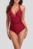Red Sexy Solid Patchwork Fold Swimwears