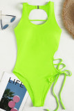 Fluorescent Pink Sexy Solid Bandage Hollowed Out Patchwork Swimwears