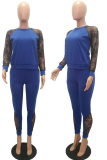 Blue Casual Print Lace O Neck Long Sleeve Two Pieces