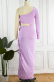 Robe Longue Col Oblique Fente Patchwork Évidé Solide Sexy Violet