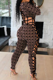 Brown Sexy Print Bandage Hollowed Out Patchwork O Neck Skinny Jumpsuits