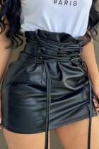 Black Casual Patchwork Skinny High Waist Conventional Solid Mini Skirts