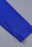 Vestido azul sexy formal sólido patchwork manga longa com decote em V vestidos plus size