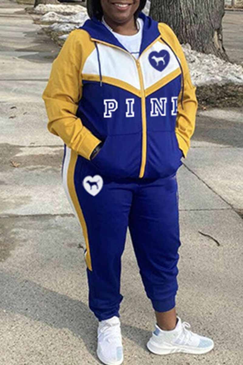 

Blue Casual Print Patchwork Letter Hooded Collar Plus Size Two Pieces