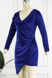 ロイヤル ブルー セクシー ソリッド パッチワーク フォールド 非対称 V ネック ペンシル スカート ドレス