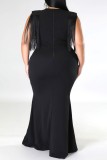 Zwart casual effen kwastje patchwork V-hals eenstaps rok Grote maten jurken
