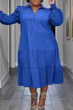 Blue Casual Solid Patchwork Turndown Collar Straight Plus Size Dresses
