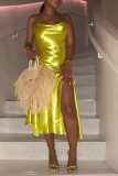 Золотисто-желтые сексуальные однотонные платья с высоким вырезом на тонких бретелях