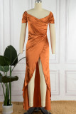 Tangerine Sexy Solid Patchwork Schlitz V-Ausschnitt Gerade Kleider