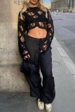 Black Sexy Casual Solid Ripped Hollowed Out See-through O Neck Tops