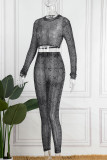 Черный сексуальный принт в стиле пэчворк, прозрачный, с круглым вырезом, с длинным рукавом, из двух частей