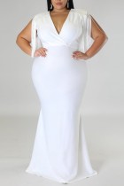 ホワイト カジュアル ソリッド タッセル パッチワーク Vネック ワンステップ スカート プラスサイズ ドレス