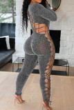 Grey Sexy Solid Bandage Hollowed Out Patchwork O Neck Skinny Jumpsuits