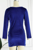Королевский синий сексуальный однотонный пэчворк складной асимметричный V-образным вырезом юбка-карандаш платья