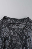 Dos piezas de manga larga con cuello en O transparente de patchwork con estampado sexy negro