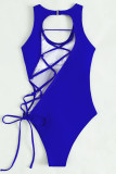 Costume da bagno patchwork scavato con fasciatura solida sexy blu reale