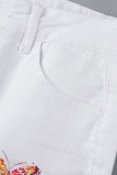 White Fashion Street Print Ripped Patchwork High Waist Denim Jeans