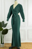 Green Casual Solid Patchwork V Neck Long Sleeve Dresses