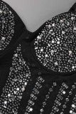 Svart Sexig Solid Patchwork Genomskinlig slits Hot Drill Spaghetti Strap Sling Dress Klänningar