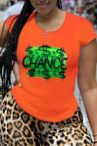 Orange Patchwork-T-Shirts mit O-Ausschnitt und täglichem Aufdruck
