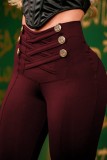 Burgundy Casual Solid Patchwork Skinny High Waist Pencil Solid Color Trousers