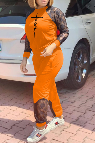 Orange Casual Print Lace O Neck Long Sleeve Two Pieces
