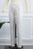 Pantalones casuales de patchwork de lentejuelas de cintura alta regular gris