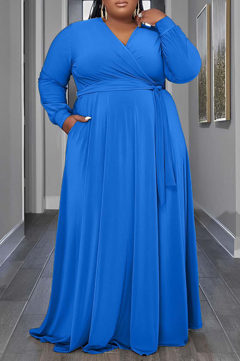 

Blue Casual Solid Patchwork Frenulum V Neck Long Sleeve Plus Size Dresses