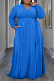 Vestidos tamanho grande casual azul patchwork liso frênulo decote em V manga longa