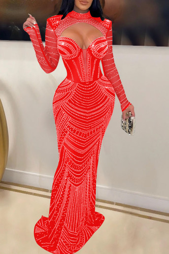 Красное сексуальное лоскутное горячее сверление, выдолбленное прозрачное полупрозрачное платье с длинным рукавом