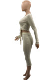 Cream White Casual Solid Bandage Patchwork V Neck Long Sleeve Two Pieces