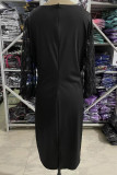 ブラック エレガント ソリッド スパンコール パッチワーク Oネック ストレート プラスサイズ ドレス