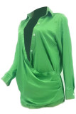 Green Sexy Solid Buckle Asymmetrical Shirt Collar Shirt Dress Dresses